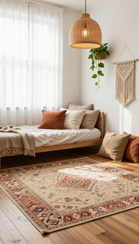 Bohemian bedroom with a large jute rug layered under a smaller vintage-style patterned rug, warm natural light, and cozy earthy decor
