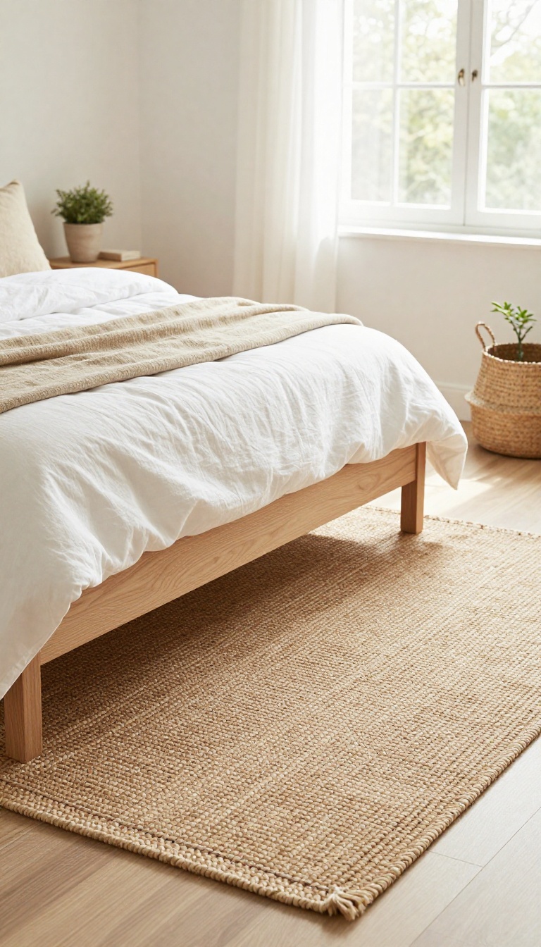 Handmade jute rug sewn from doormats at the foot of a bright neutral bed in a Pottery Barn-inspired bedroom