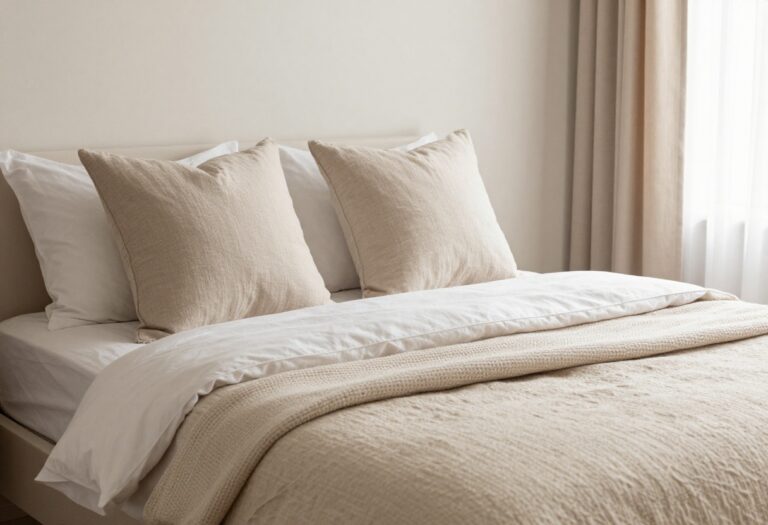 Cozy neutral layered comforter on a bright bedroom bed with textured throw blanket and pillows in soft natural light