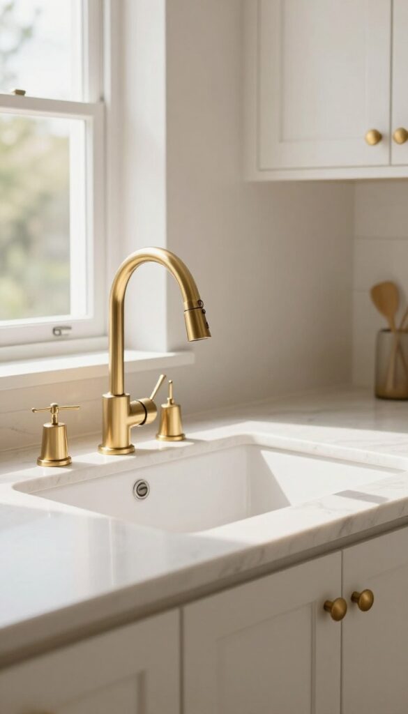 Brushed gold gooseneck kitchen faucet on a white sink with light countertops and white cabinets in a bright modern kitchen