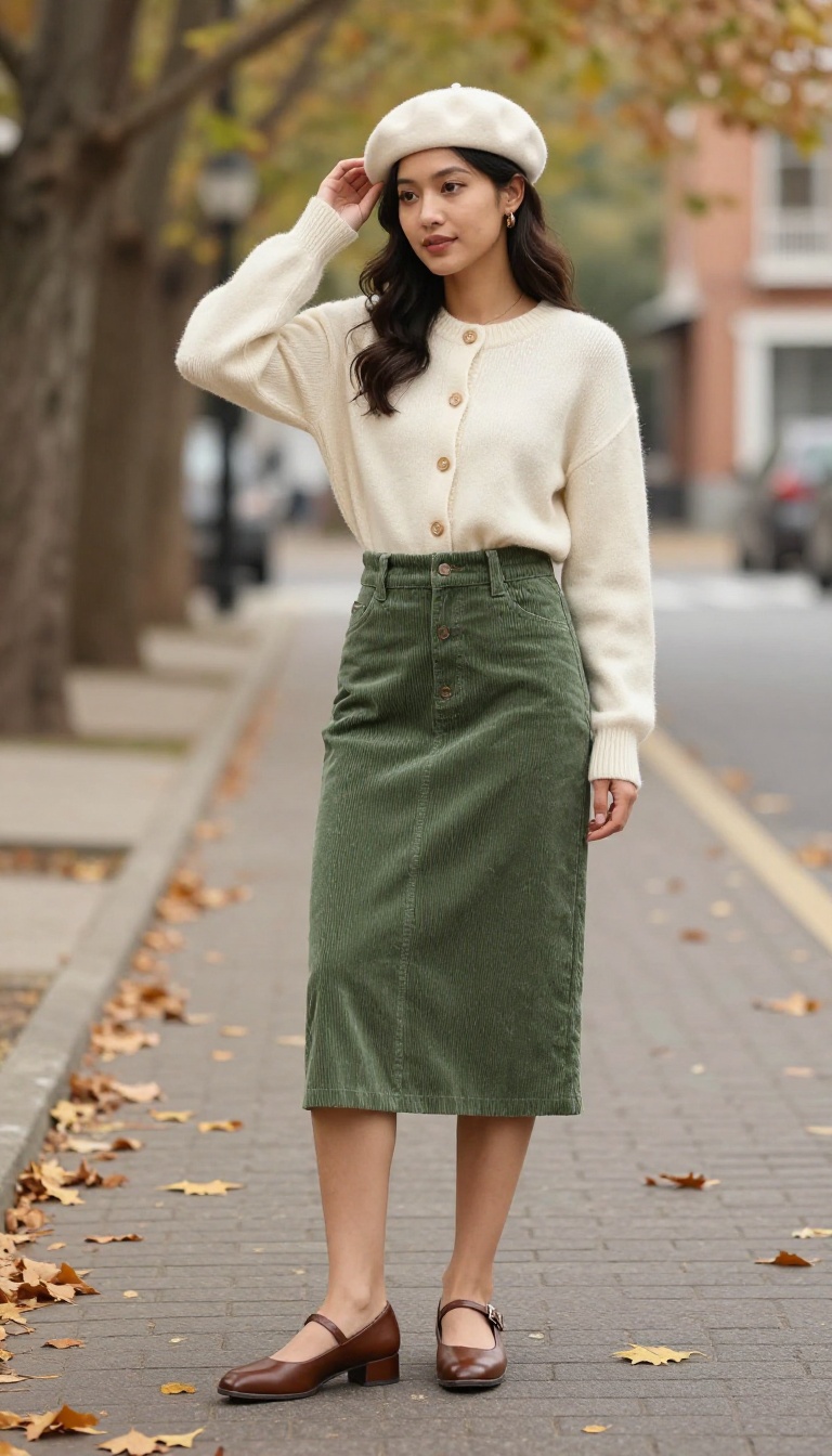 8. Forest Green Corduroy Skirt with Cream Cardigan