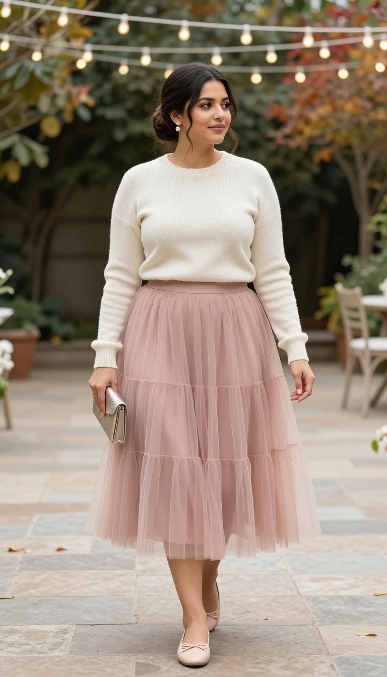 11. Tulle Skirt with a Fitted Sweater and Ballet Flats