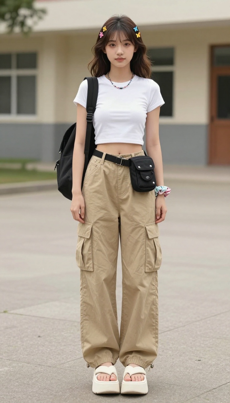 3. Cargo Pants + Cropped Tee + Platform Flip-Flops