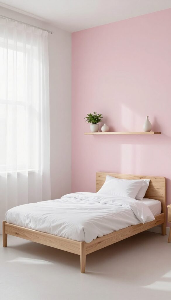 Bright kids bedroom with a soft dusty pink accent wall behind a simple bed with white bedding, neutral walls, floating shelves, and natural light.