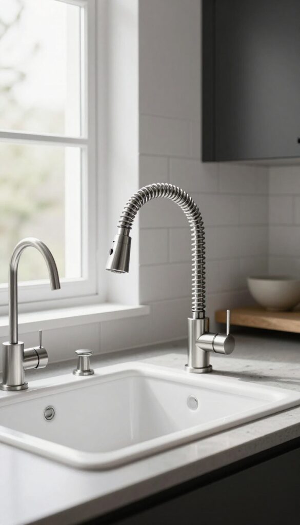 Tall industrial spring coil faucet with pull-down sprayer in a modern kitchen with dark cabinets, subway tile backsplash, and bright natural light.
