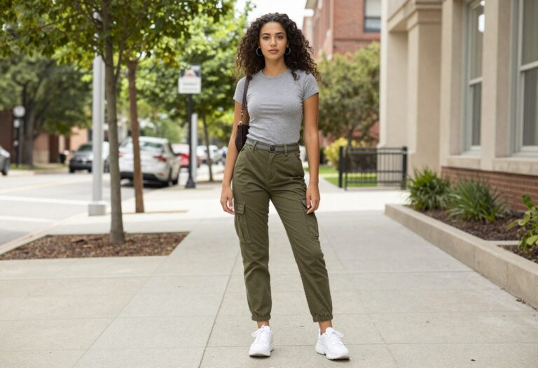 Young woman in a Y2K school street style outfit with a baby tee, low-rise cargo pants, and chunky sneakers standing on a campus walkway.