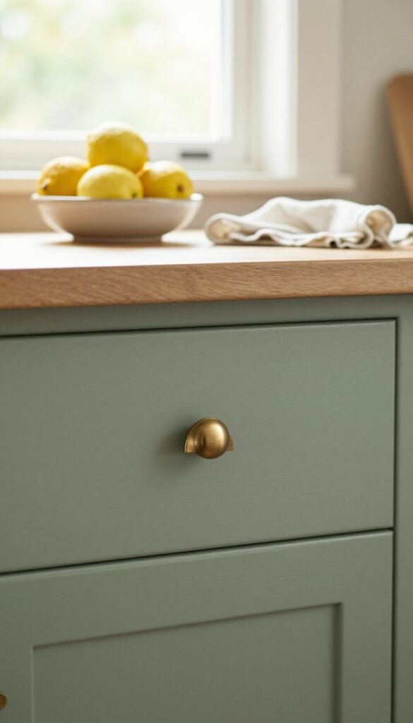 Vintage half-moon cup pull handle on a soft green shaker-style farmhouse kitchen drawer in bright natural light