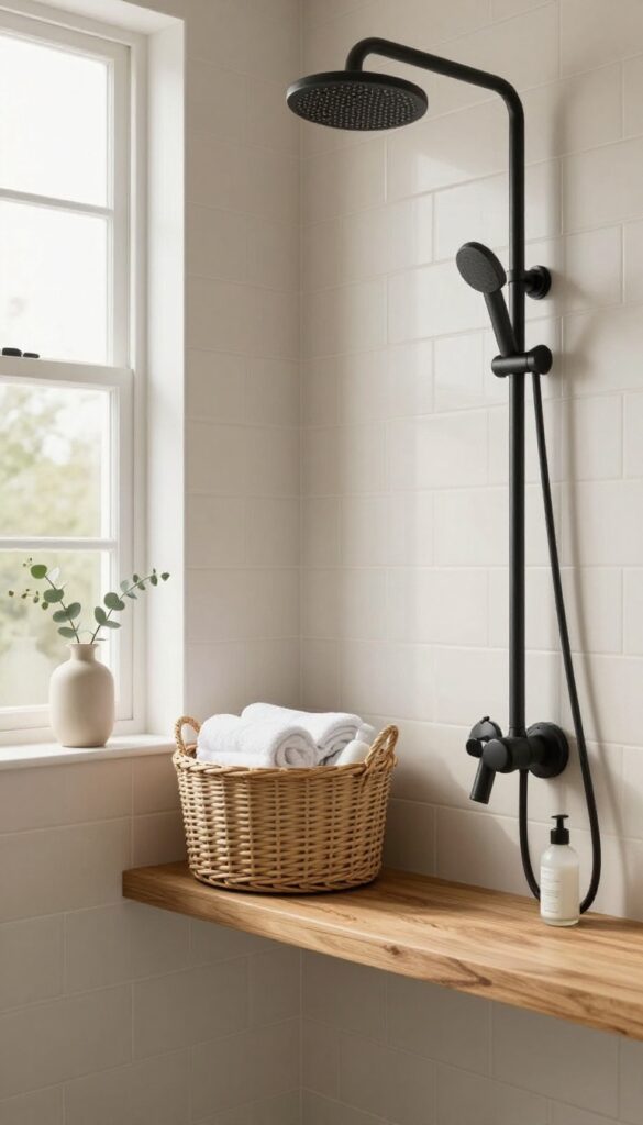 Woven tan basket with folded white towels on a wooden floating shelf in a bright modern farmhouse shower with beige tile and black fixtures