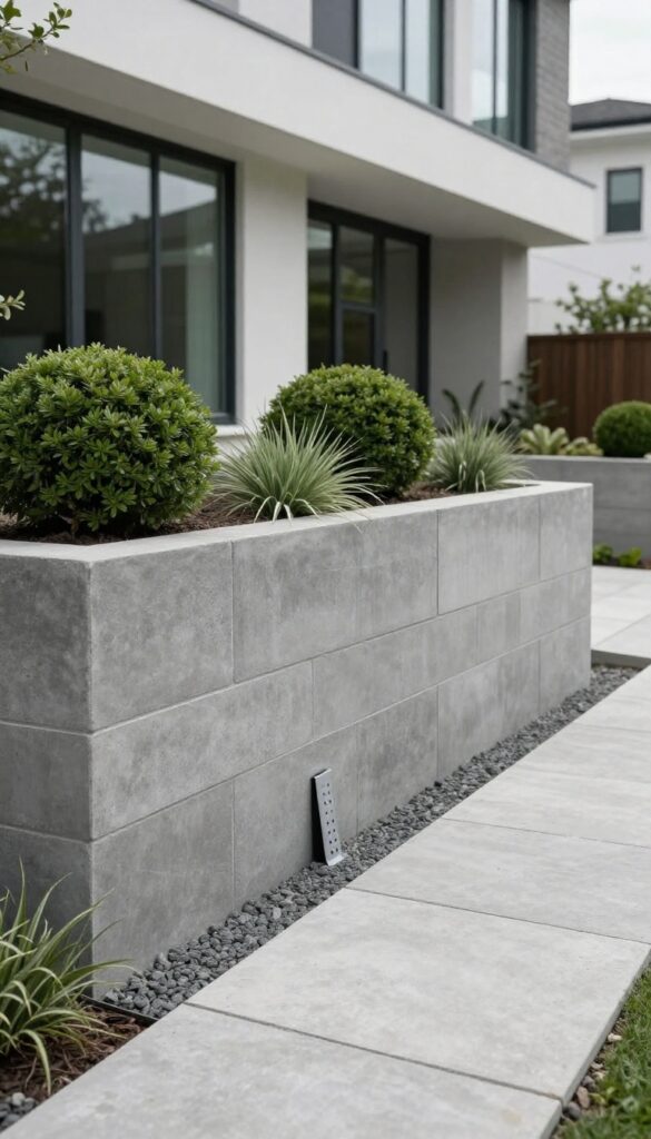 Modern smooth charcoal-gray concrete block retaining wall with clean straight lines beside a geometric driveway, trimmed boxwoods, and ornamental grasses in a contemporary front yard