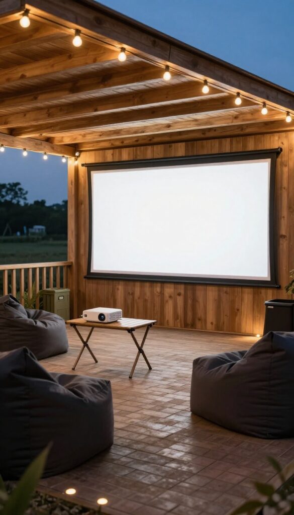 Cozy under-deck patio set up as an outdoor movie corner with a projector screen, lounge seating, and warm ground lighting at dusk