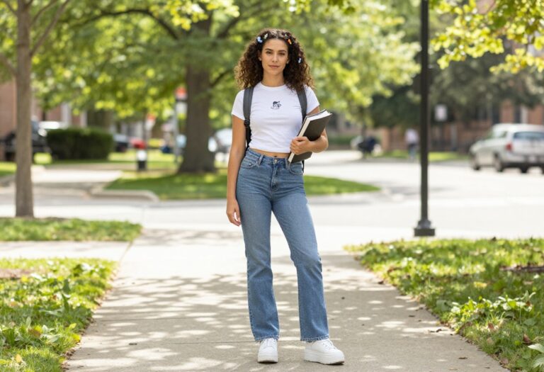 Woman wearing low-rise flare jeans, baby tee, and platform sneakers for a school-appropriate Y2K outfit.