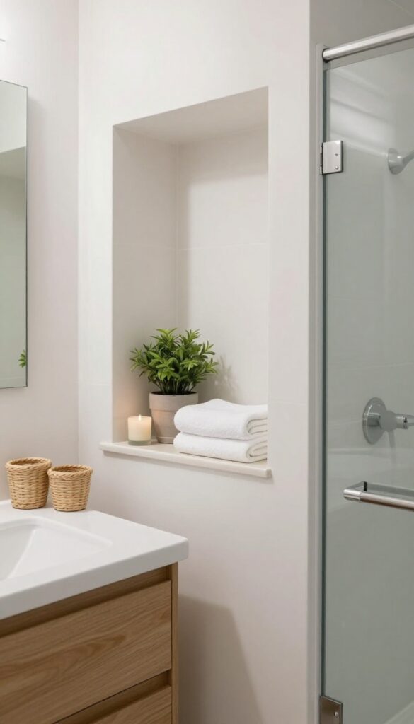 Bright small bathroom with tiled recessed wall shelving outside a glass walk-in shower, styled with a plant, folded towels, a candle, and woven baskets near a floating vanity.