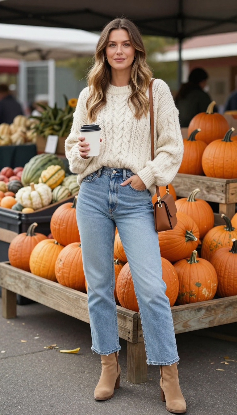 1. Cream Cable-Knit Sweater and Saia Jeans