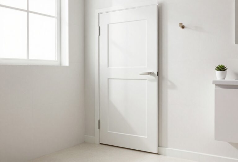 Bright small bathroom with a white Shaker pocket door slid into the wall, saving space and looking clean.