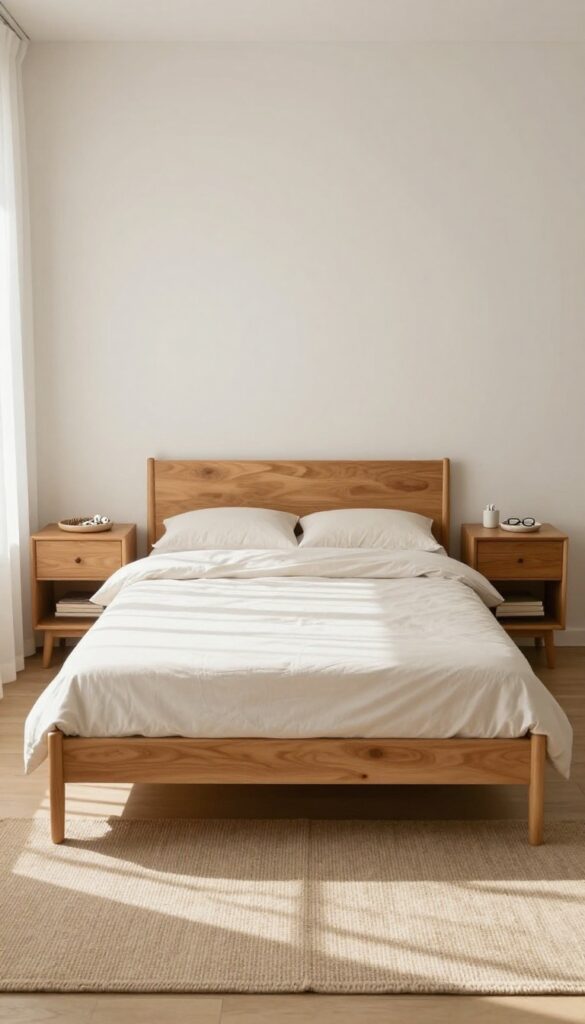 Bright shared bedroom with a centered bed flanked by two matching wooden nightstands, each with a drawer, shelf, books, charger, and a small tray of personal items in soft natural light.
