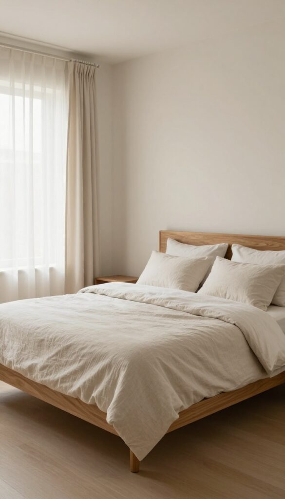 Bright bedroom with a wide queen bed in neutral bedding and a low-profile wooden frame, with open walking space on both sides