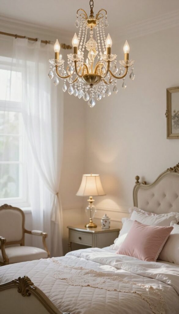 Vintage crystal chandelier and glass bedside lamp glowing warmly in a bright romantic princess-style bedroom