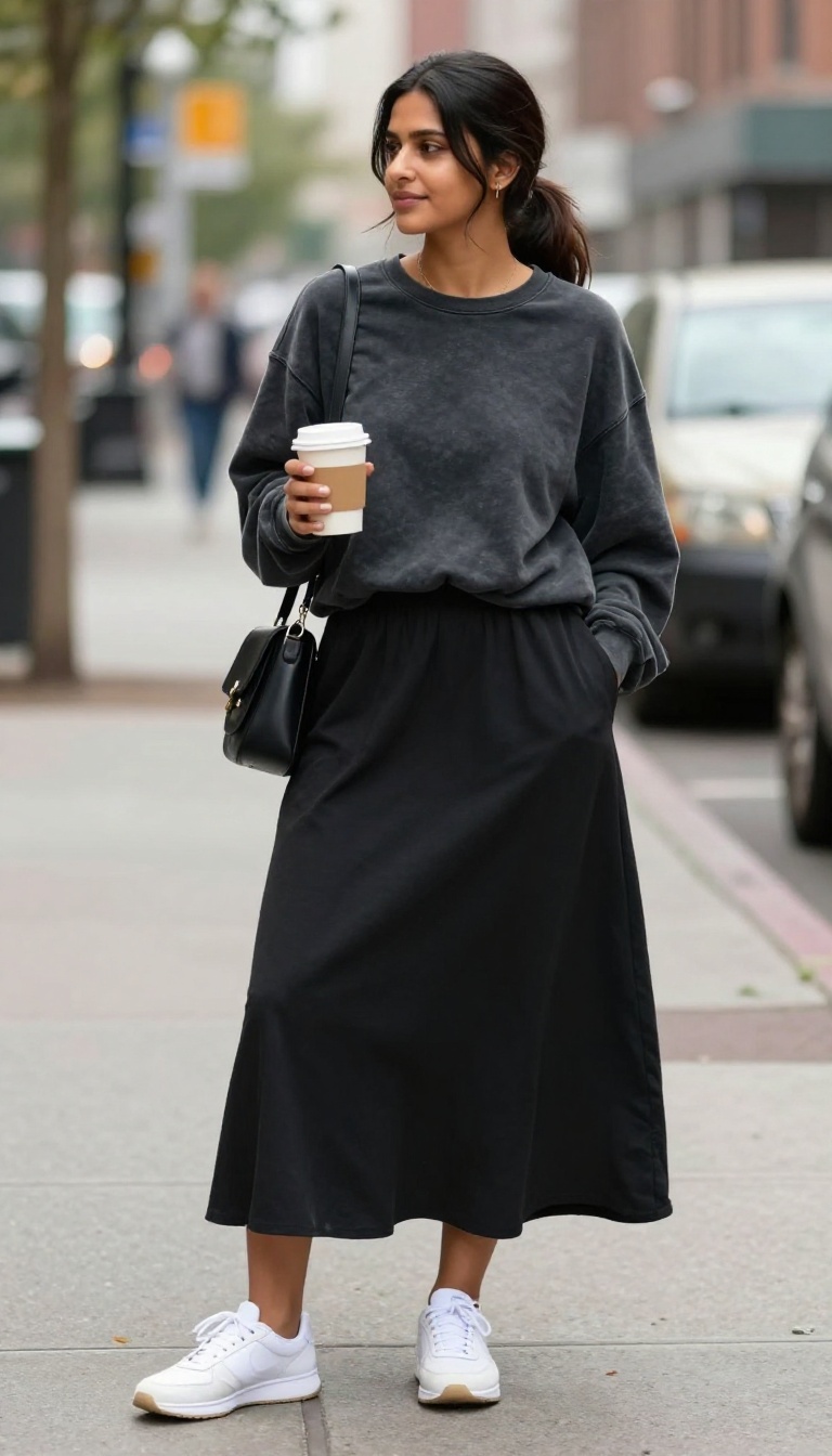 4. Long Black Skirt with a Graphic Sweatshirt and Chunky Sneakers