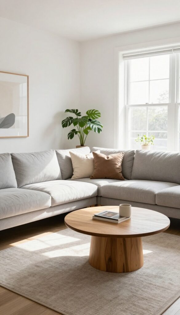 Bright small living room with a light gray sofa and a cream loveseat arranged in an L-shape around a round wooden coffee table on a neutral rug, styled with soft throw pillows and plants in natural daylight.