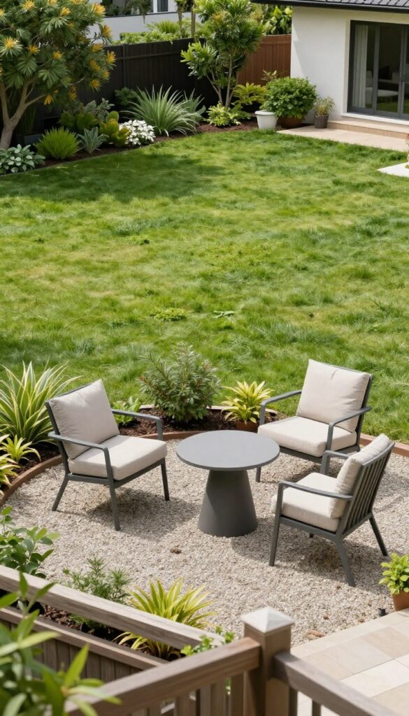 Two neutral cushioned chairs and a small table on a pea gravel pad in a large front yard, framed by low plants and a subtle fence under bright natural light.
