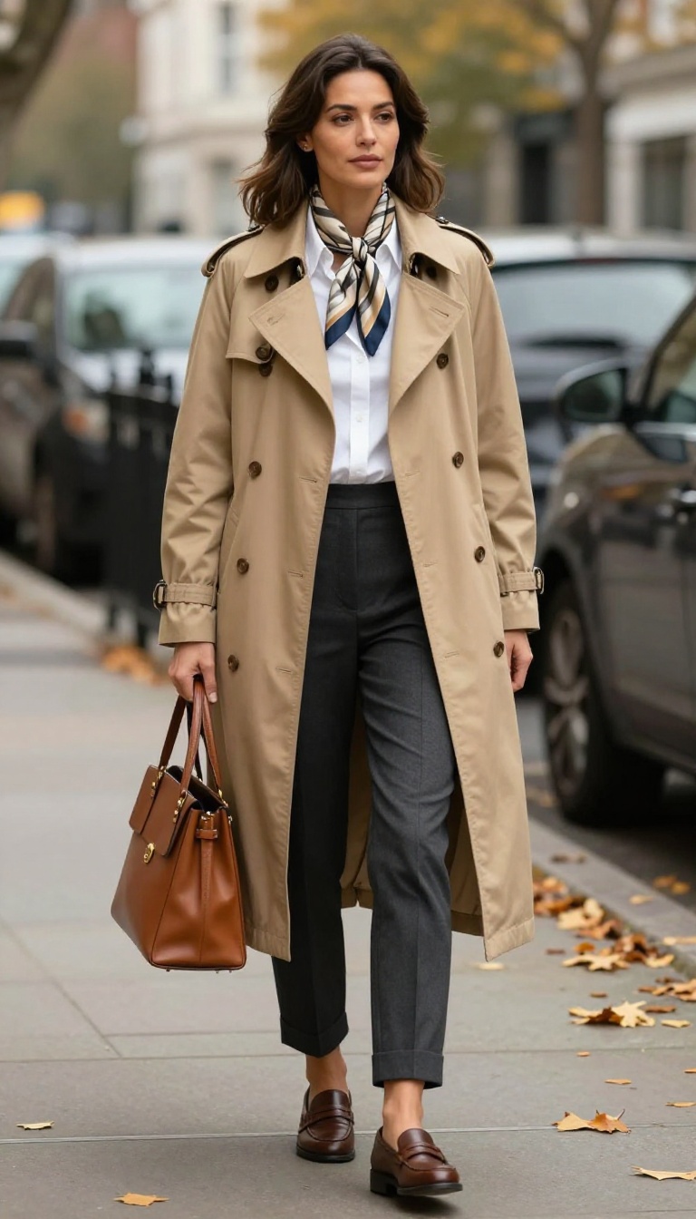 5. Classic Burberry-Style Trench and Tailored Trousers