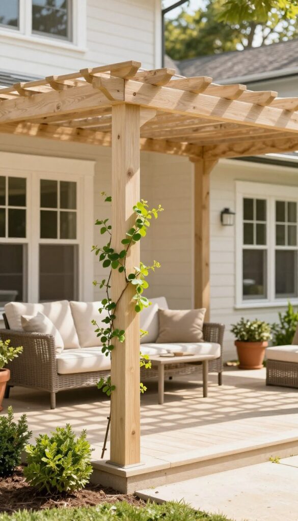 Bright front yard patio with a wooden pergola accent, simple outdoor furniture, climbing vines, and natural light filtering through the open structure.