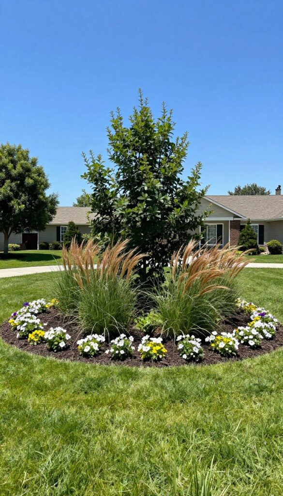 Curved island flower bed with a small ornamental tree at the center and layered flowers and ornamental grasses stepping down in height across a bright green lawn