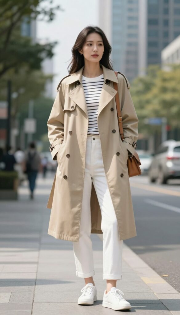 Woman in beige trench coat, white jeans, and striped top, with white sneakers and tan bag, standing on a sunny street.