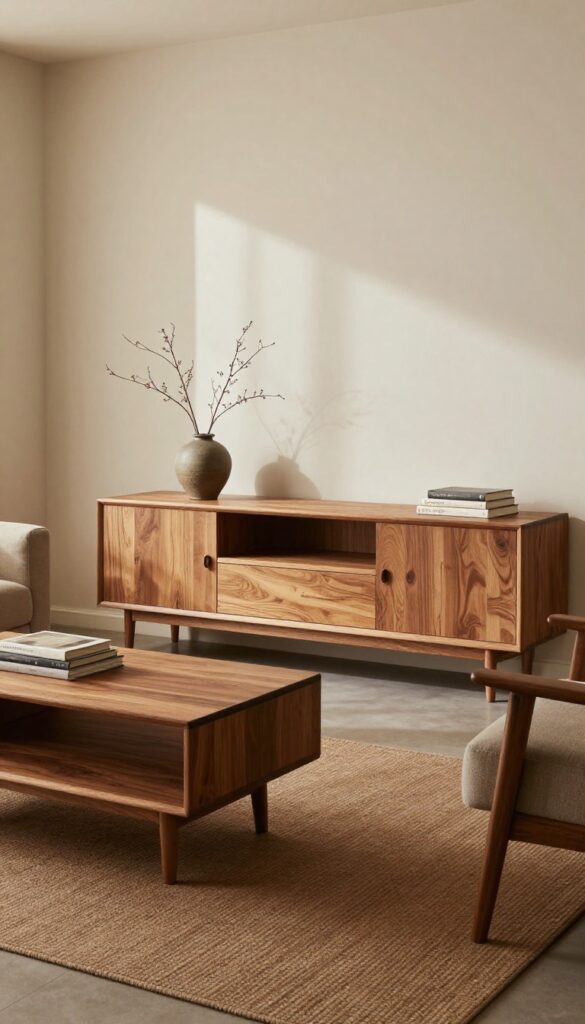 Bright brown living room with mixed wood finishes, including a walnut coffee table, light oak sideboard, dark espresso armchair, and honey-toned side table in natural daylight.