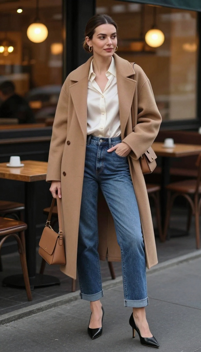 5. Medium Wash Boyfriend Jeans + Silk Blouse + Pointed Toe Pumps