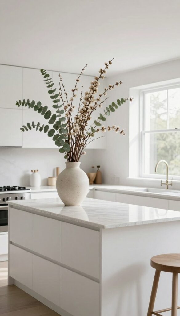 Bright modern kitchen island styled with a tall neutral ceramic vase holding tall fanned branches, adding dramatic height and organic movement to the clean space in natural light.