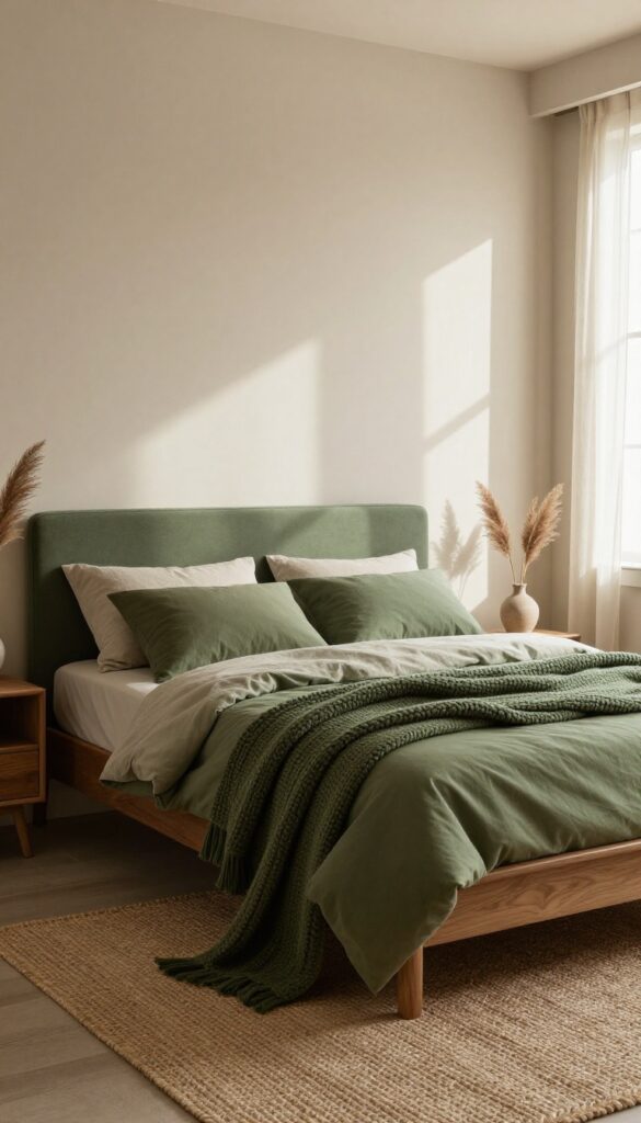 Earthy bedroom with mixed sage, olive, and moss green textiles layered with brown wooden furniture and a jute rug in bright natural light