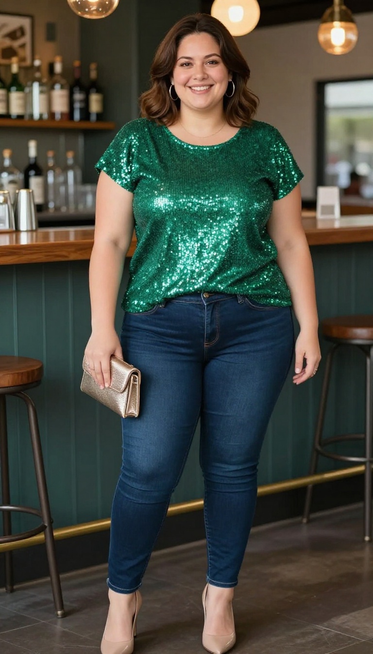13. Sequin Top with High-Waisted Jeans