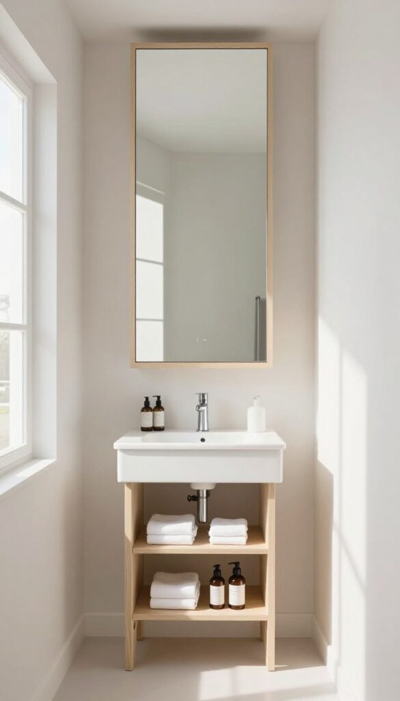 Tall vertical mirrored cabinet in a small bright bathroom beside a compact vanity, with rolled towels on lower shelves and natural light reflecting off the frameless mirror