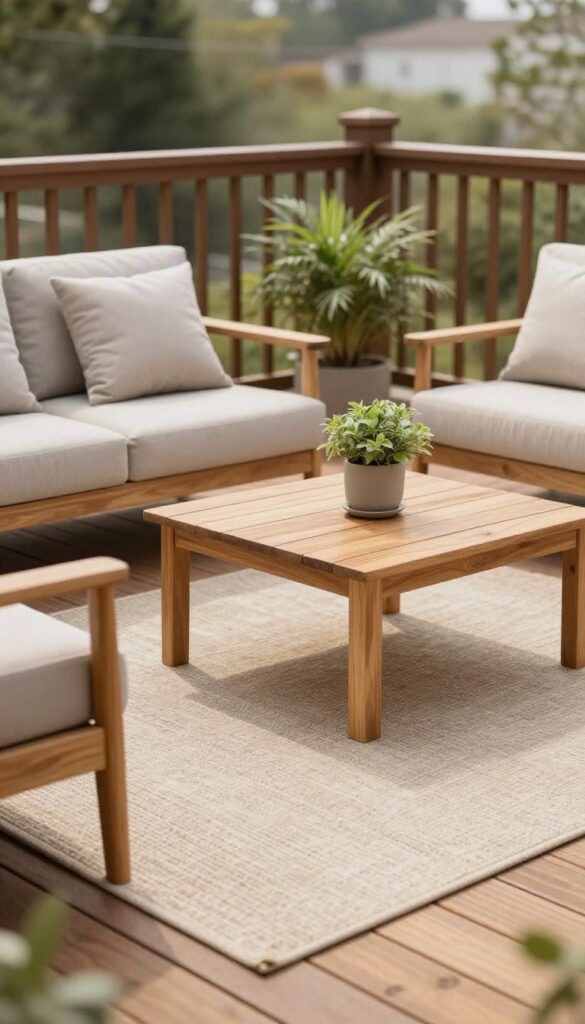 Neutral outdoor rug anchoring a small deck seating area with chairs and a coffee table in bright natural light