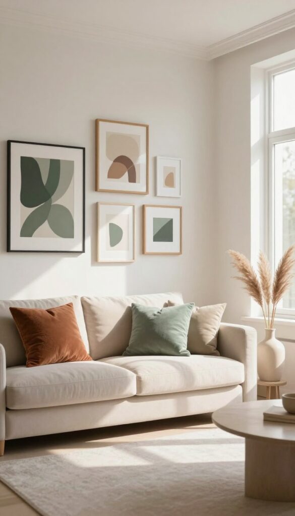 A bright living room with a color-coordinated gallery wall featuring abstract art in muted terracotta, sage green, and cream tones above a neutral sofa.