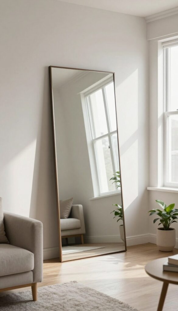 A large mirror on a living room wall reflects sunlight from the window opposite, brightening the room.