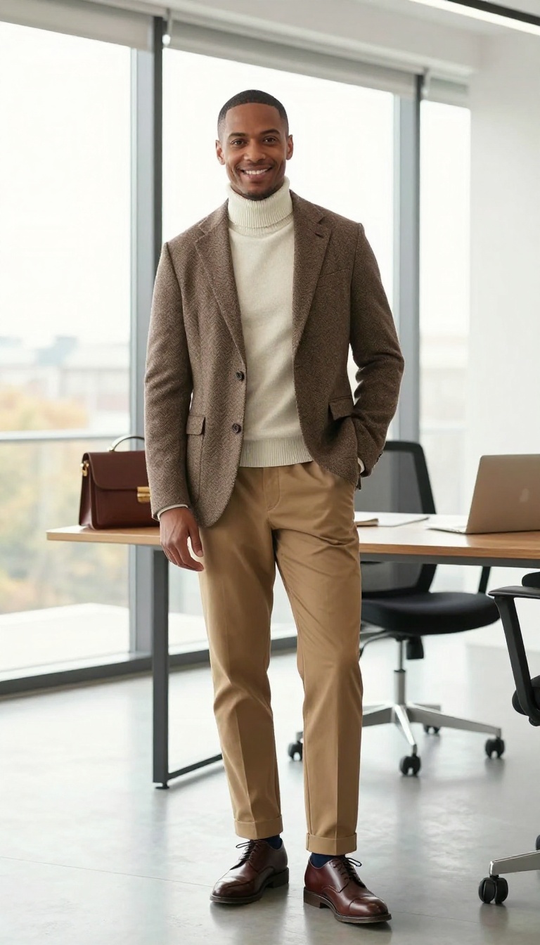 9. The Business Casual Power Move: Herringbone Blazer, Turtleneck, and Dress Trousers