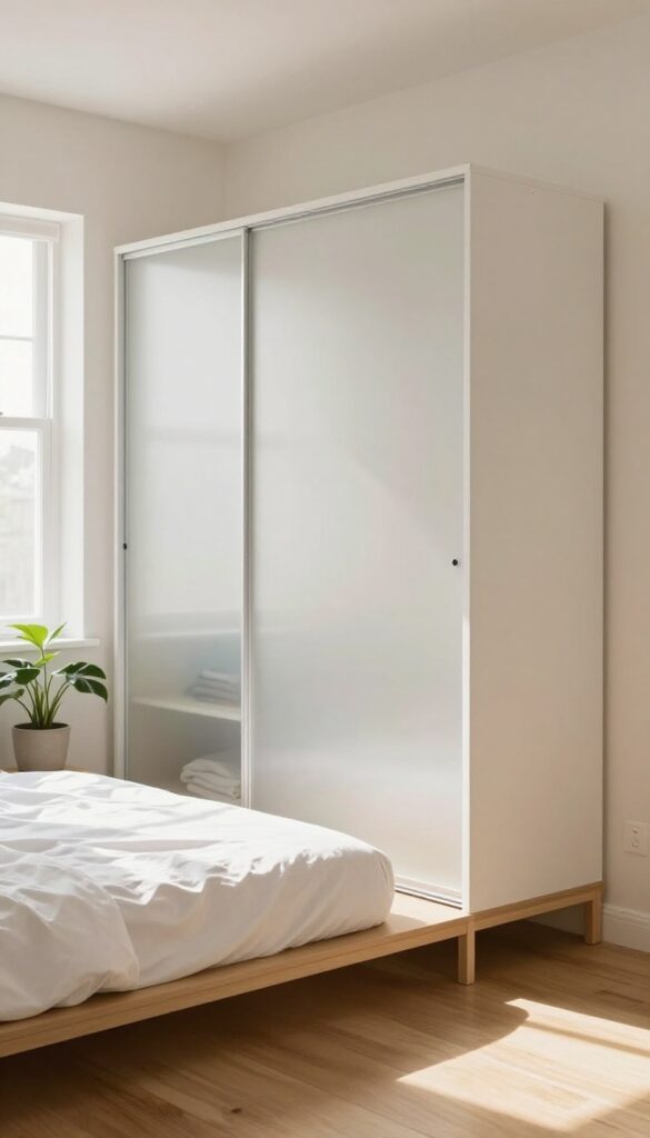 Bright bedroom with frosted glass sliding wardrobe panels in white frames softly diffusing natural light, hiding clutter while keeping the room airy and elegant.