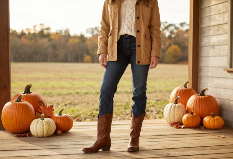 Woman wearing a barn jacket, sweater, jeans, and cowboy boots standing on a porch with pumpkins, showcasing a rustic fall western outfit.