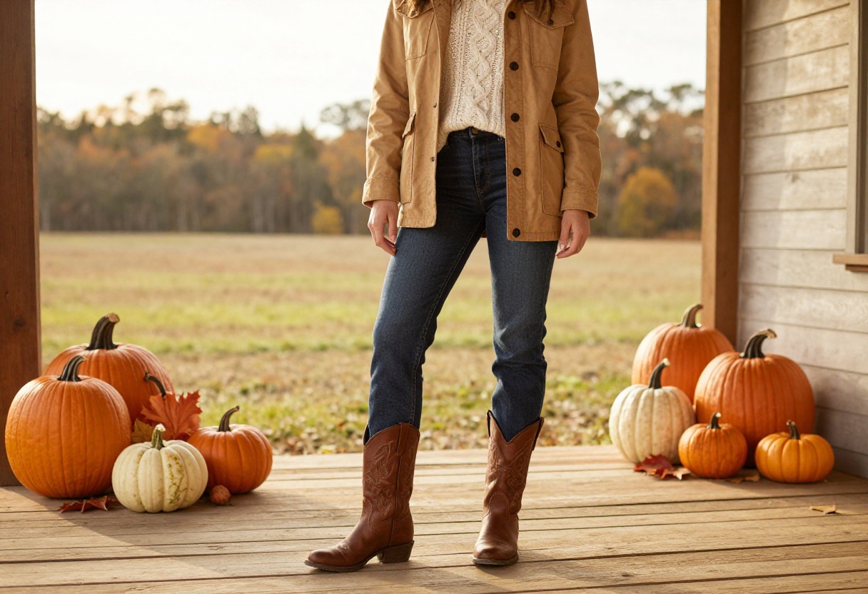 Woman wearing a barn jacket, sweater, jeans, and cowboy boots standing on a porch with pumpkins, showcasing a rustic fall western outfit.
