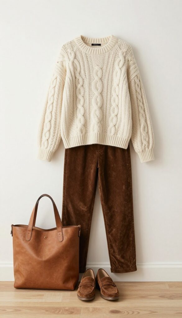 Cable-knit sweater and corduroy pants outfit with suede loafers and leather tote in soft natural light