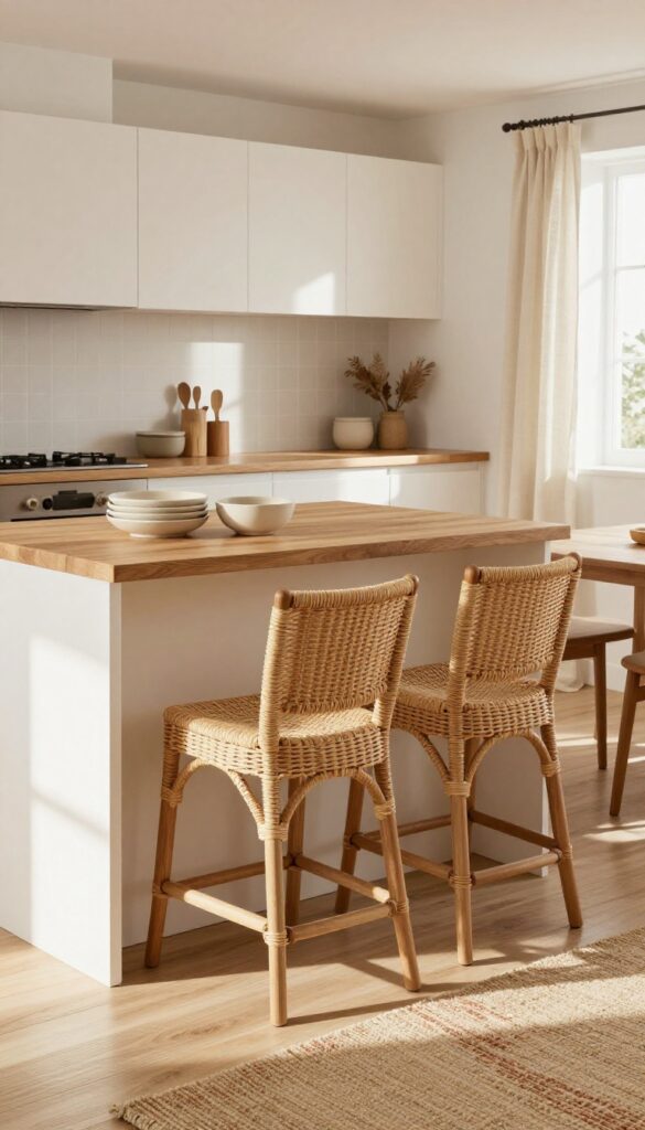 Bright warm white kitchen with woven rattan bar stools, linen cafe curtains, a textured beige runner rug, cream stoneware dishes, and warm wood accents creating cozy layered depth.