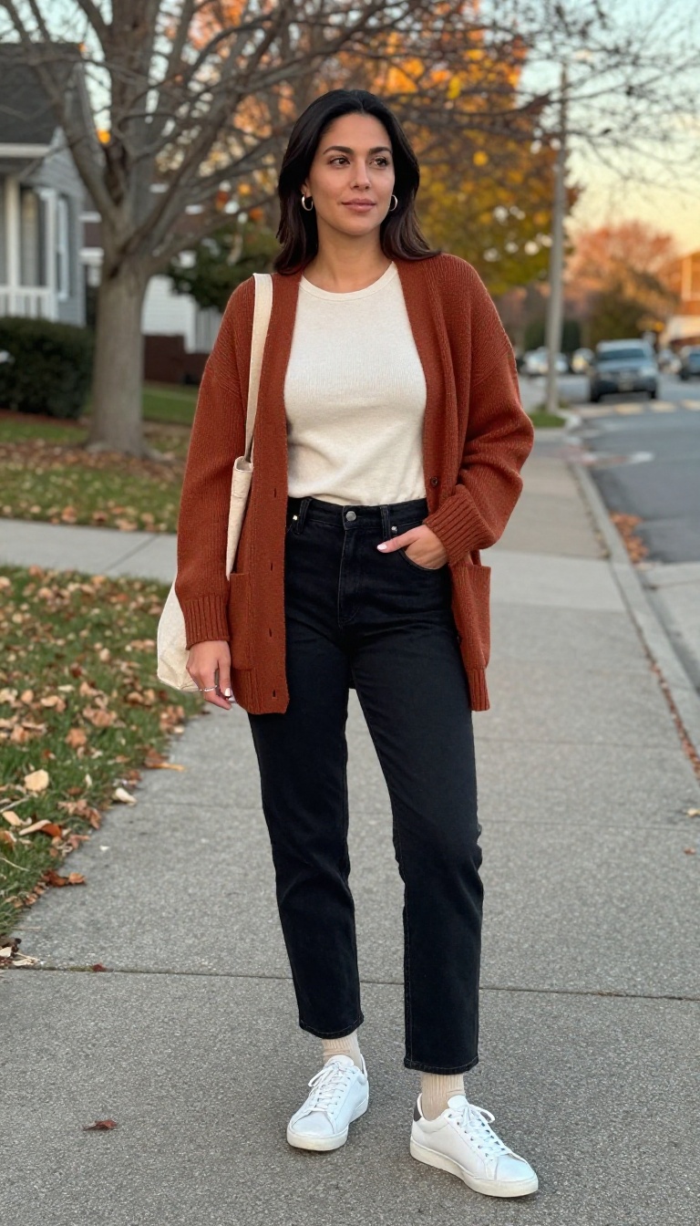 4. Cozy Cardigan and Black Mom Jeans with White Sneakers