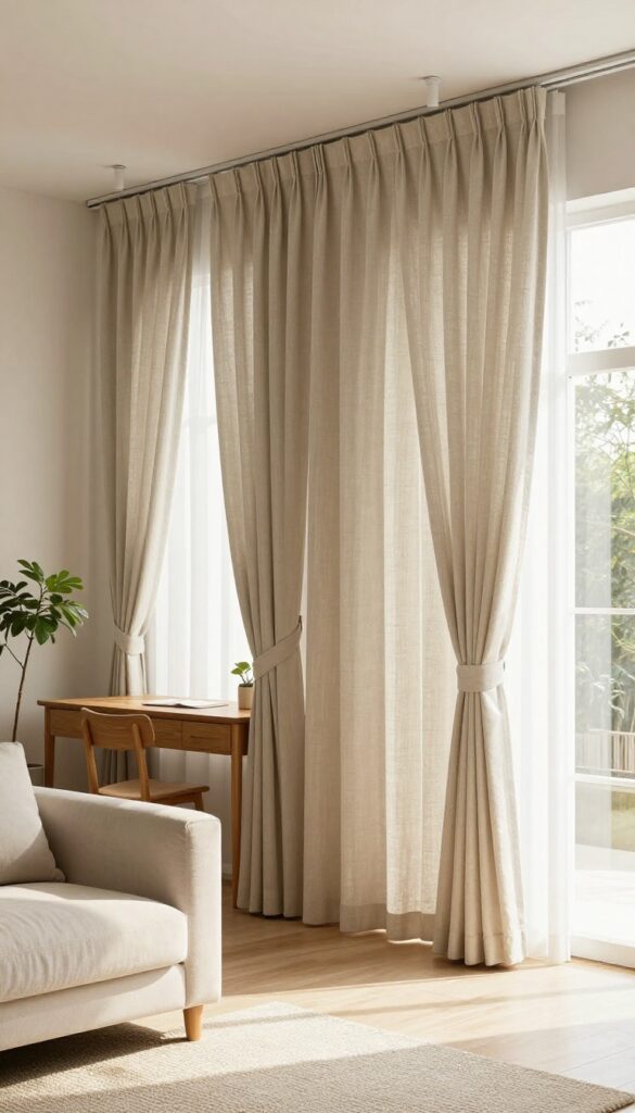 Bright living room with a floor-length linen curtain partition on a ceiling track, softly dividing a cozy seating area from a hidden workspace in natural daylight.