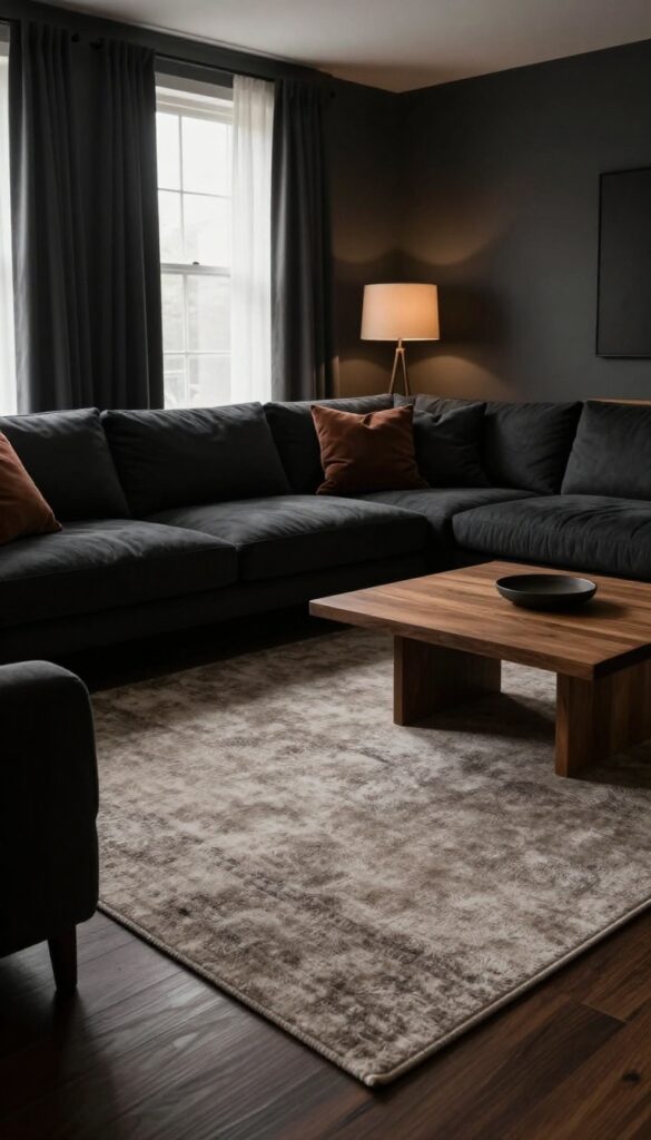 Moody living room with a soft low-contrast taupe rug grounding a dark charcoal sofa and wooden coffee table under warm natural light