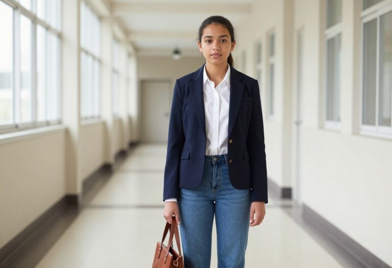 High school girl in old money preppy outfit with blazer and jeans