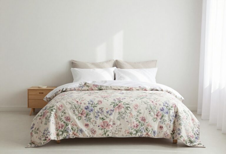 Bright bedroom with a soft pastel floral comforter and white bedding in natural light