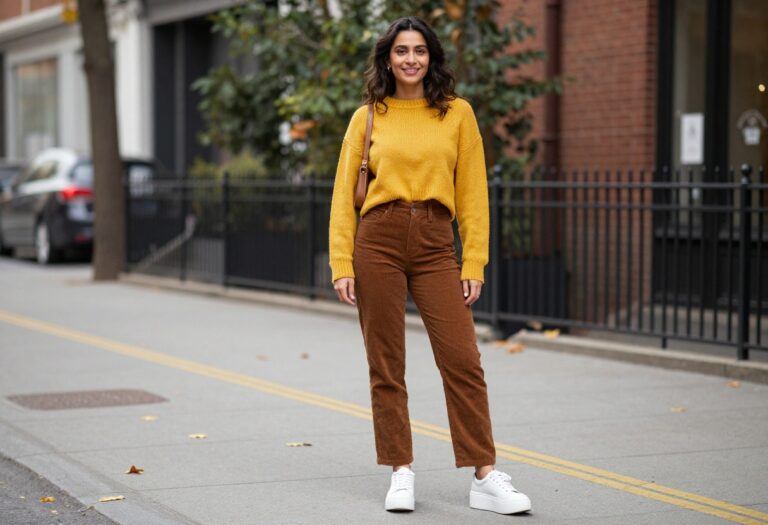 Woman wearing a mustard yellow cropped sweater and brown corduroy pants with platform sneakers, standing outdoors in autumn.