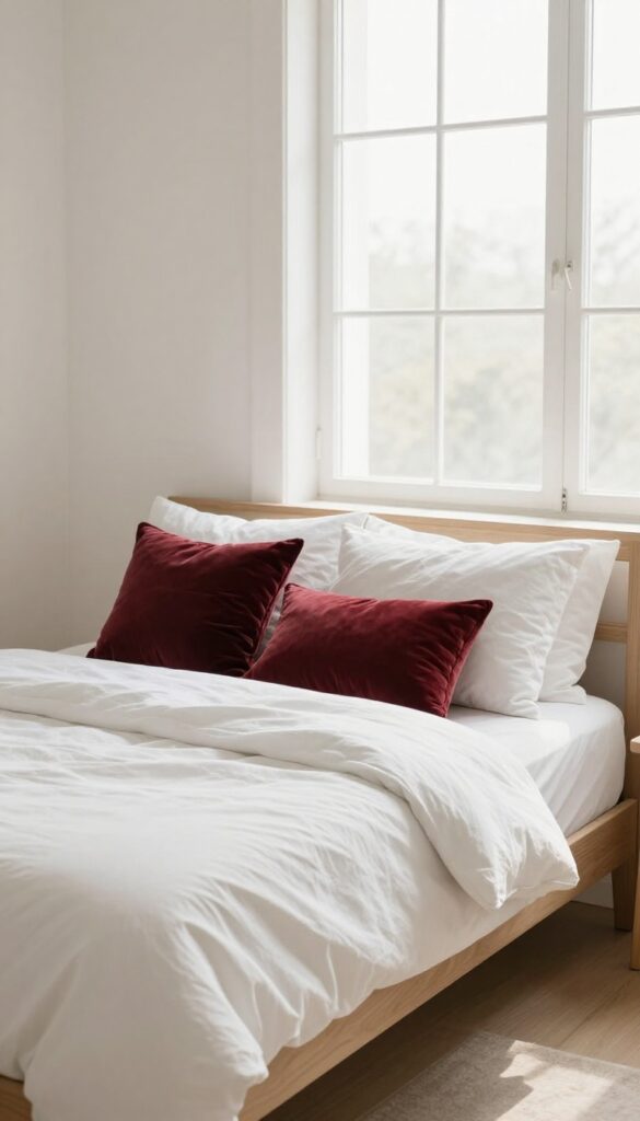 Bright neutral bedroom with white bedding accented by two dark burgundy velvet throw pillows in natural morning light